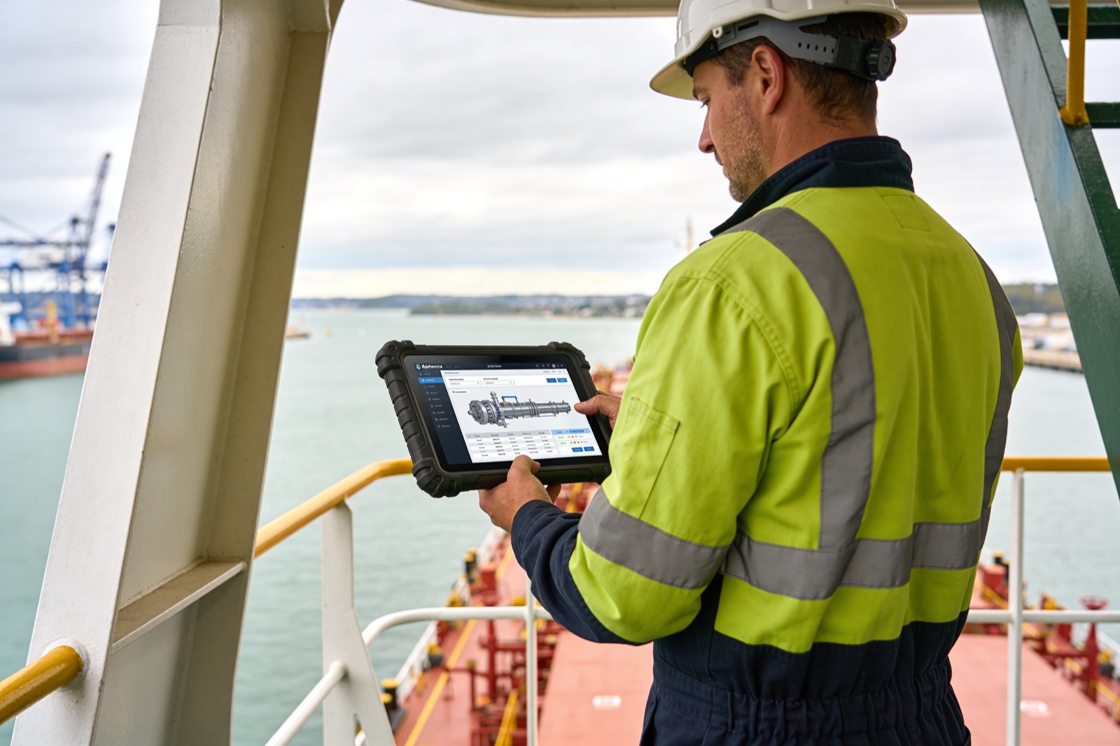 A maritime engineer reviewing a Philyron maintenance dashboard on a rugged tablet aboard a vessel