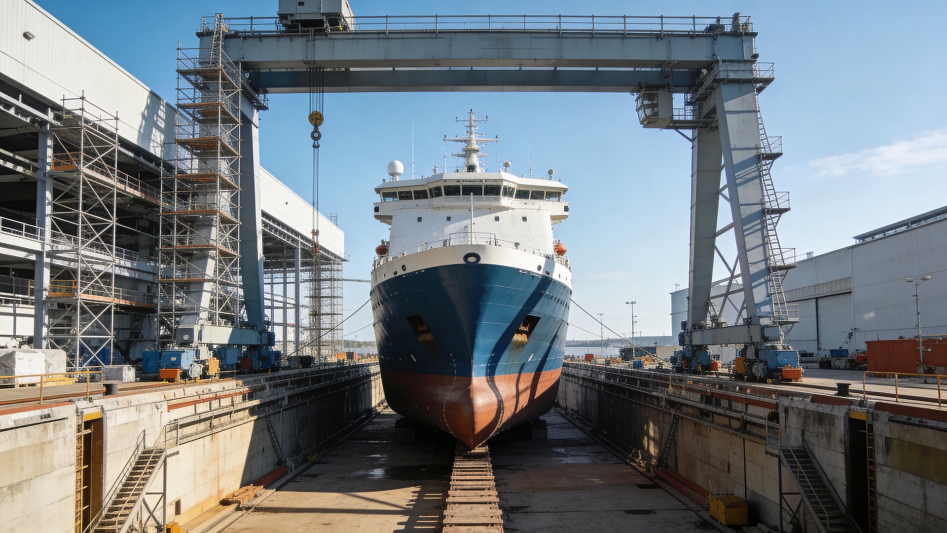 A commercial vessel in a bright modern shipyard drydock under clear daylight